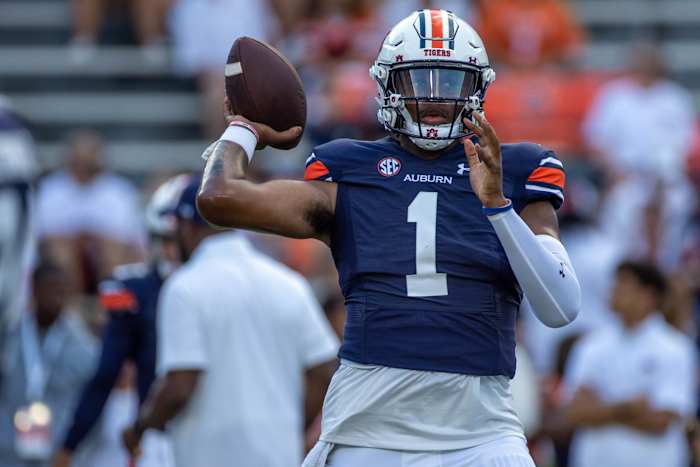 Auburn quarterback TJ Finley warms up pregame before Auburn vs Mercer.